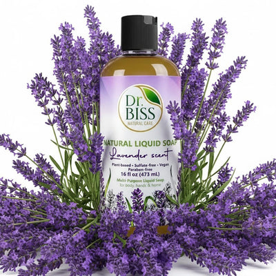 Dr. Biss Lavender Natural Liquid Soap with lavender flowers – plant-based sulfate-free hand and body soap