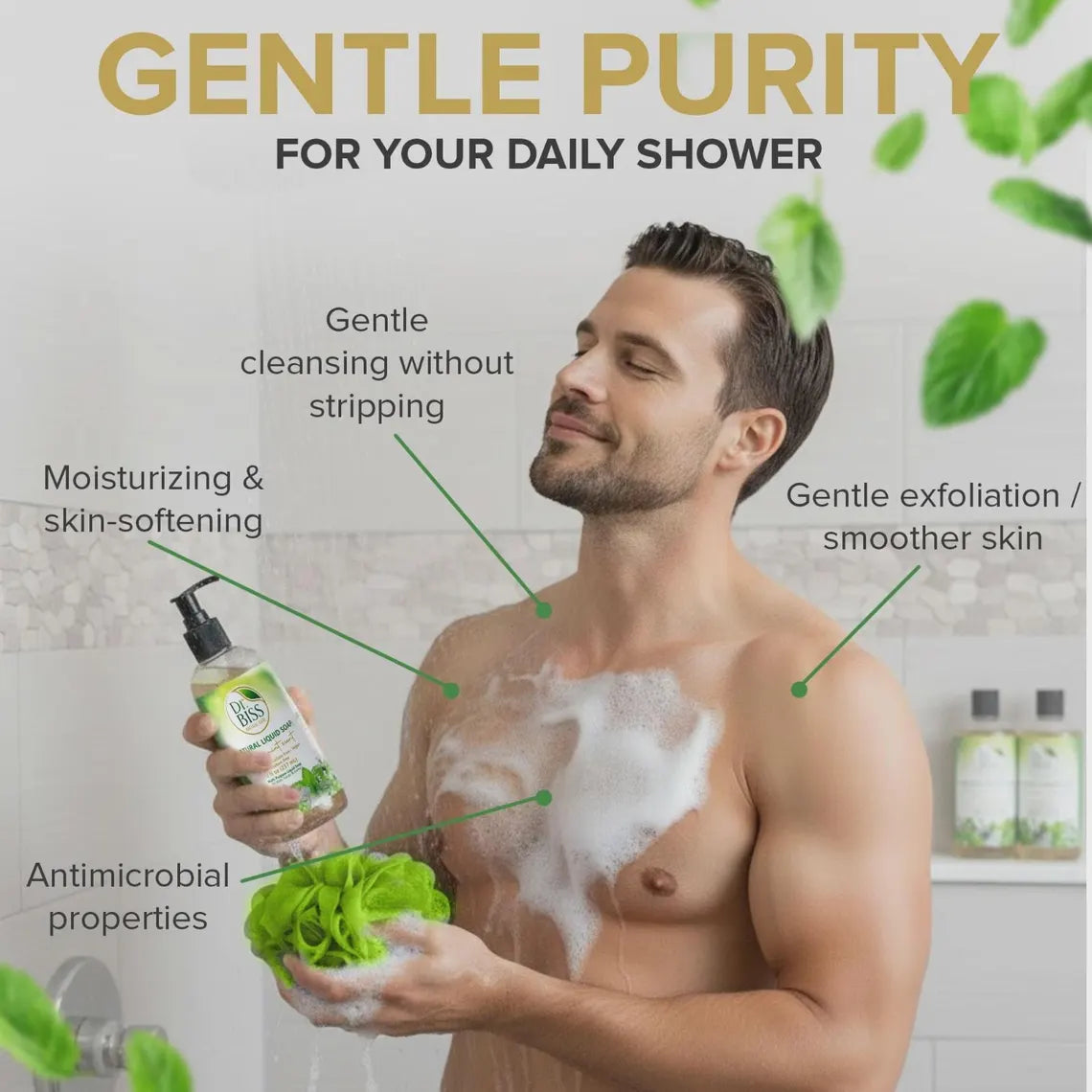 Man using peppermint liquid soap during daily shower and body cleansing routine