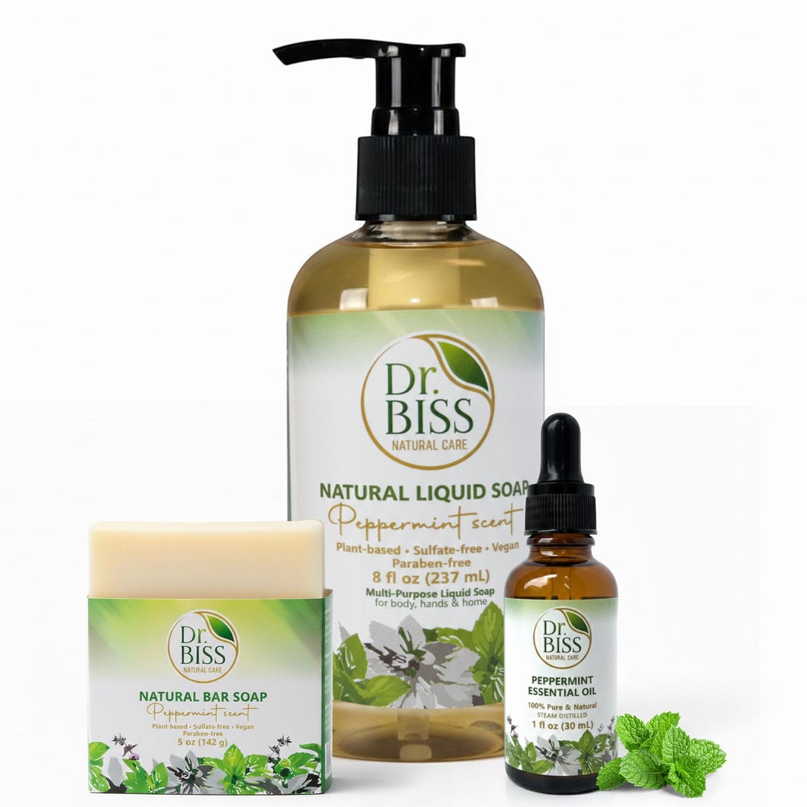 Peppermint Routine Bundle  (Soap + 8 oz Liquid Soap + Peppermint Essential Oil)