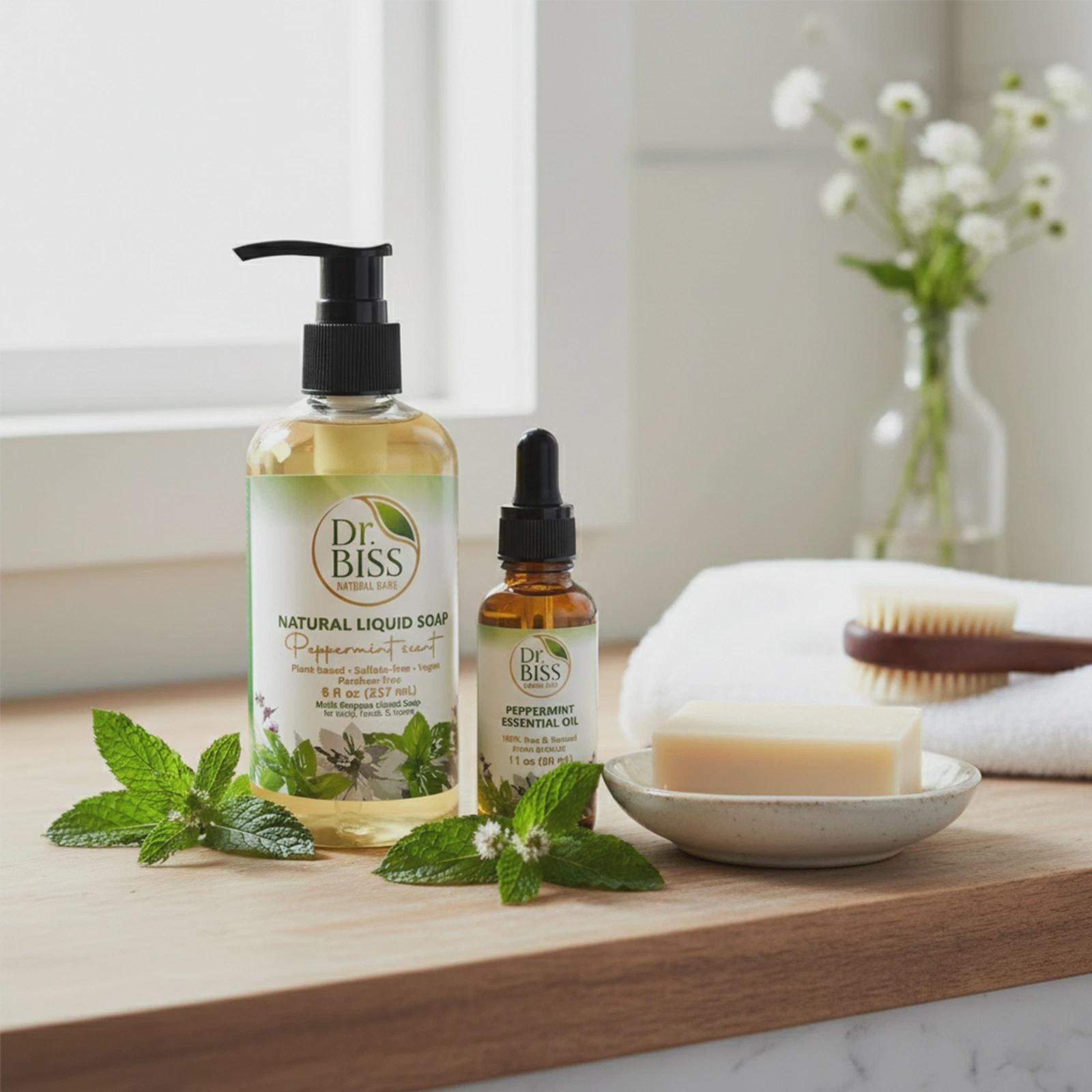 Dr. Biss peppermint liquid soap and essential oil beside bathroom sink with mint leaves