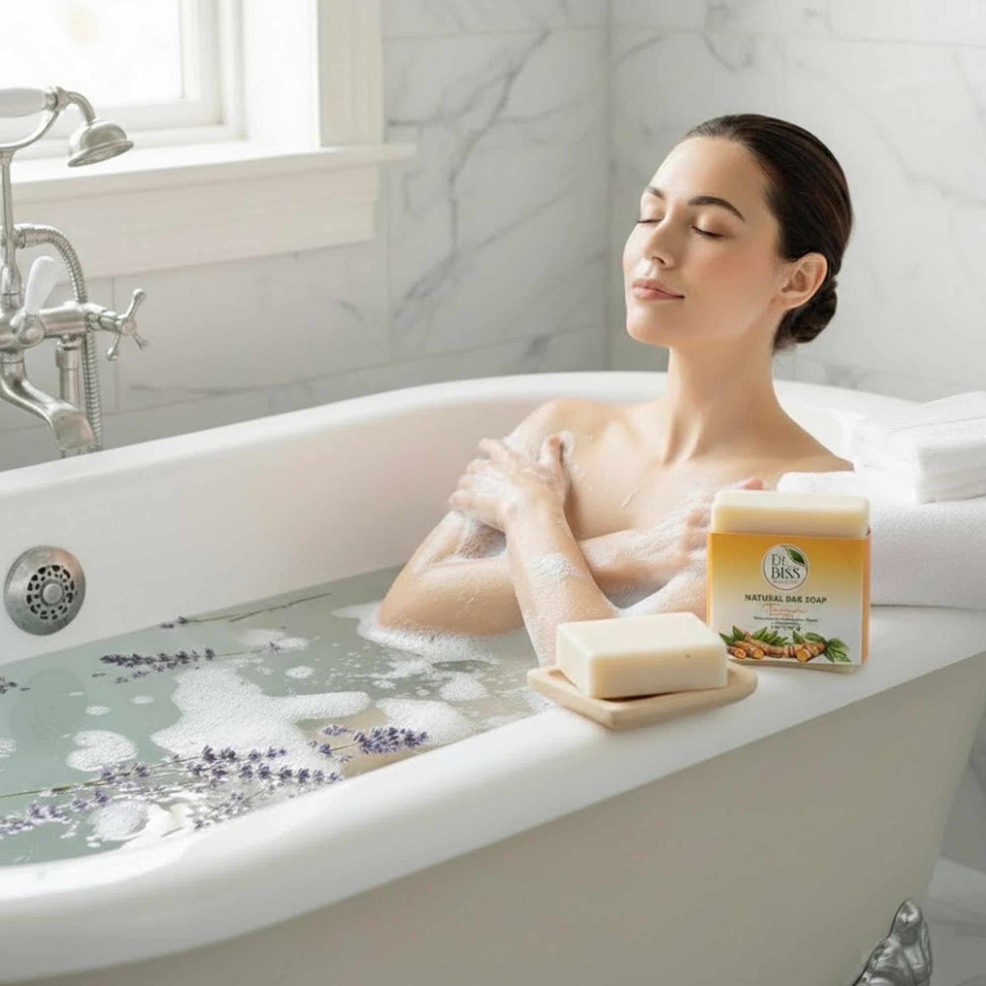 Woman relaxing with natural vegan soap during self-care bath routine