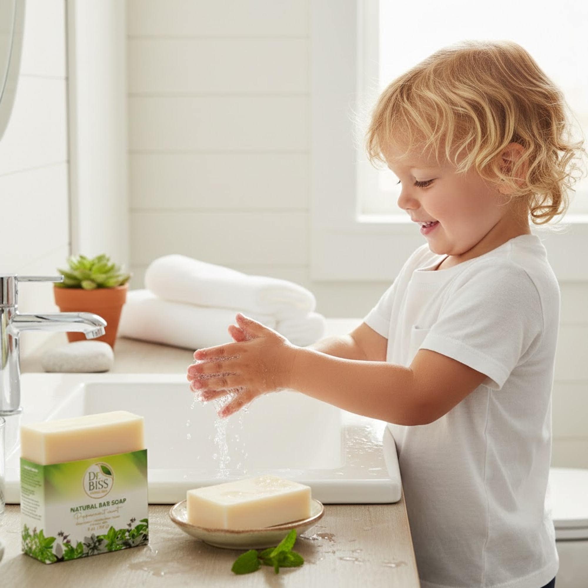 Child washing hands with gentle natural plant-based soap