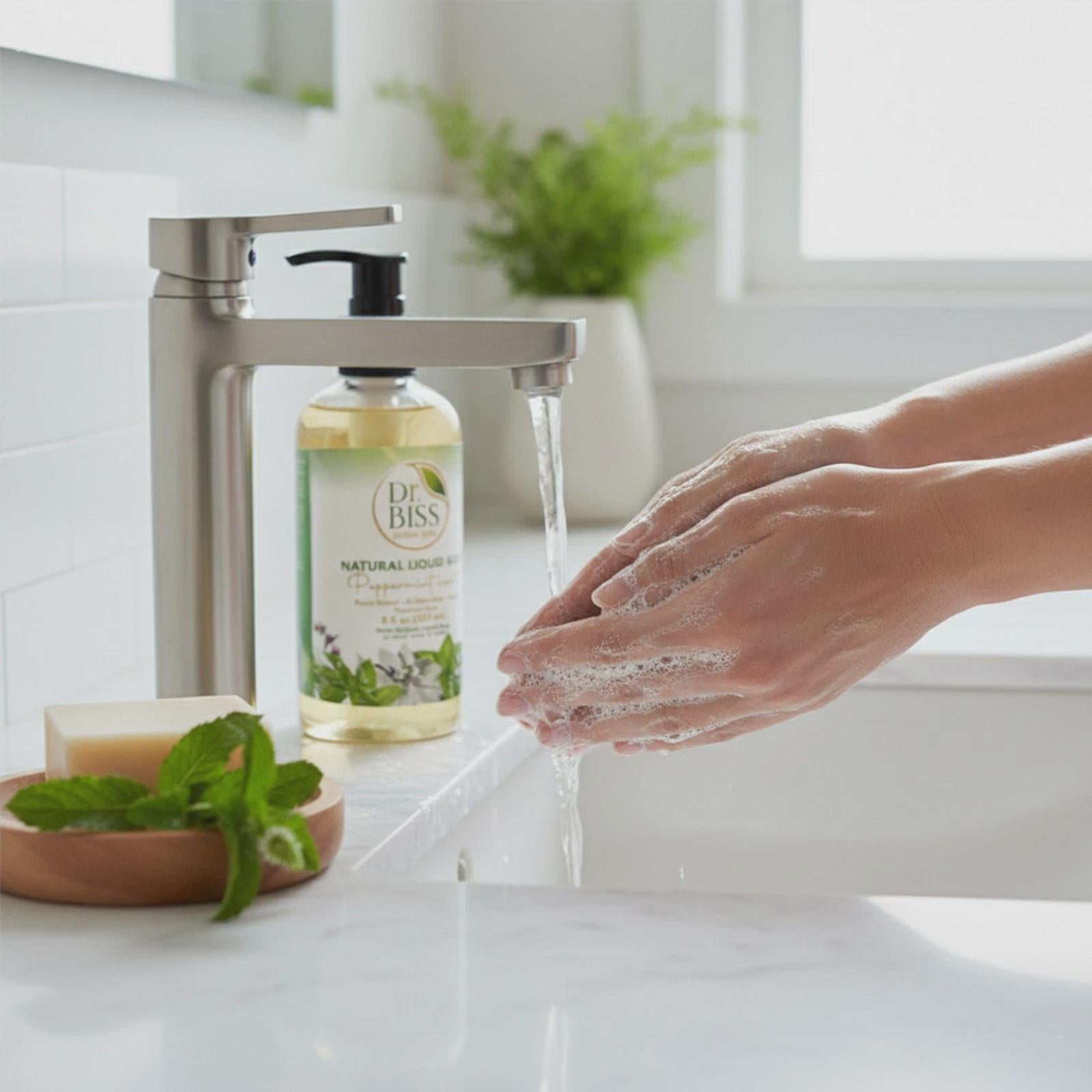 Hand washing with Dr. Biss peppermint liquid soap for everyday cleansing