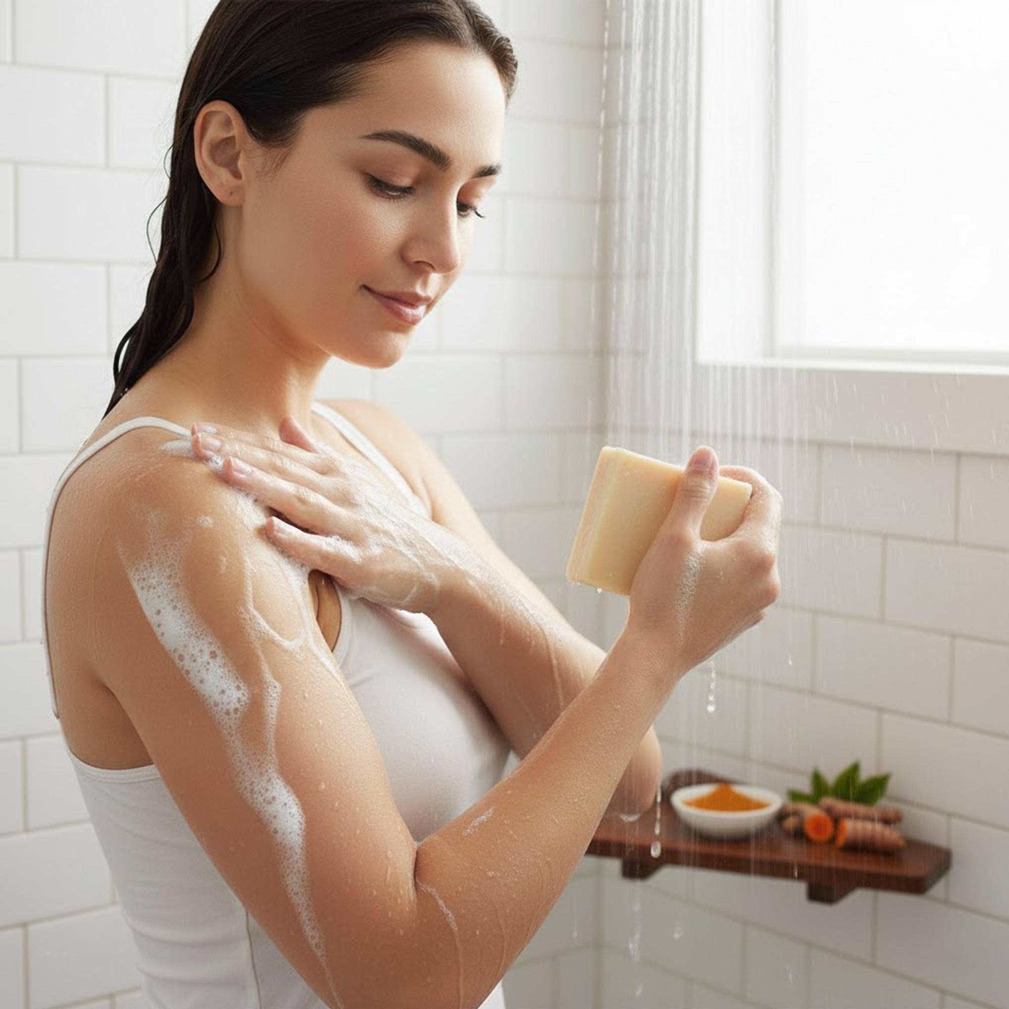 Woman applying natural body soap for soft skin care