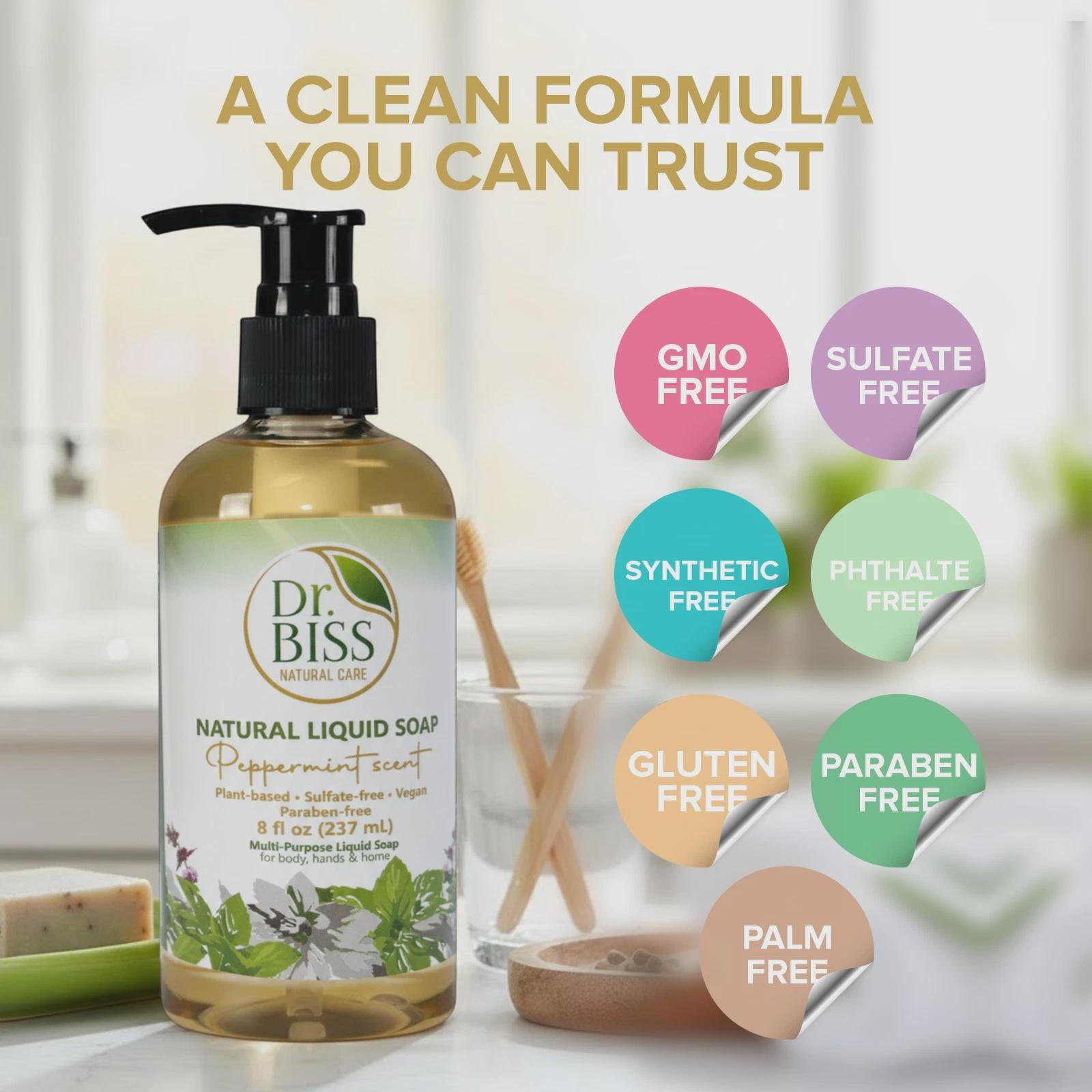 Plant-based peppermint liquid soap formula with skincare ingredient highlights