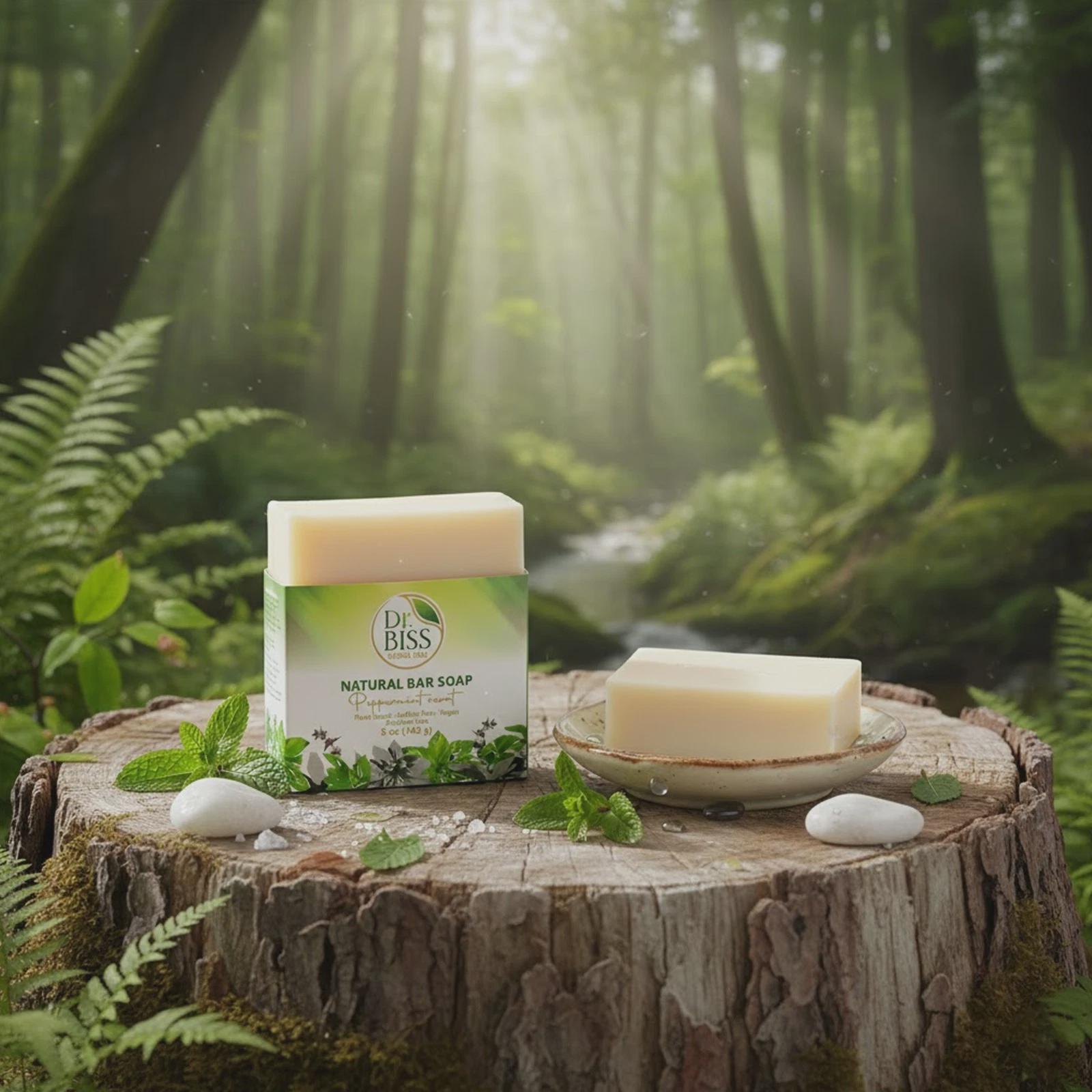 Natural soap and peppermint essential oil displayed in forest-inspired self-care setting