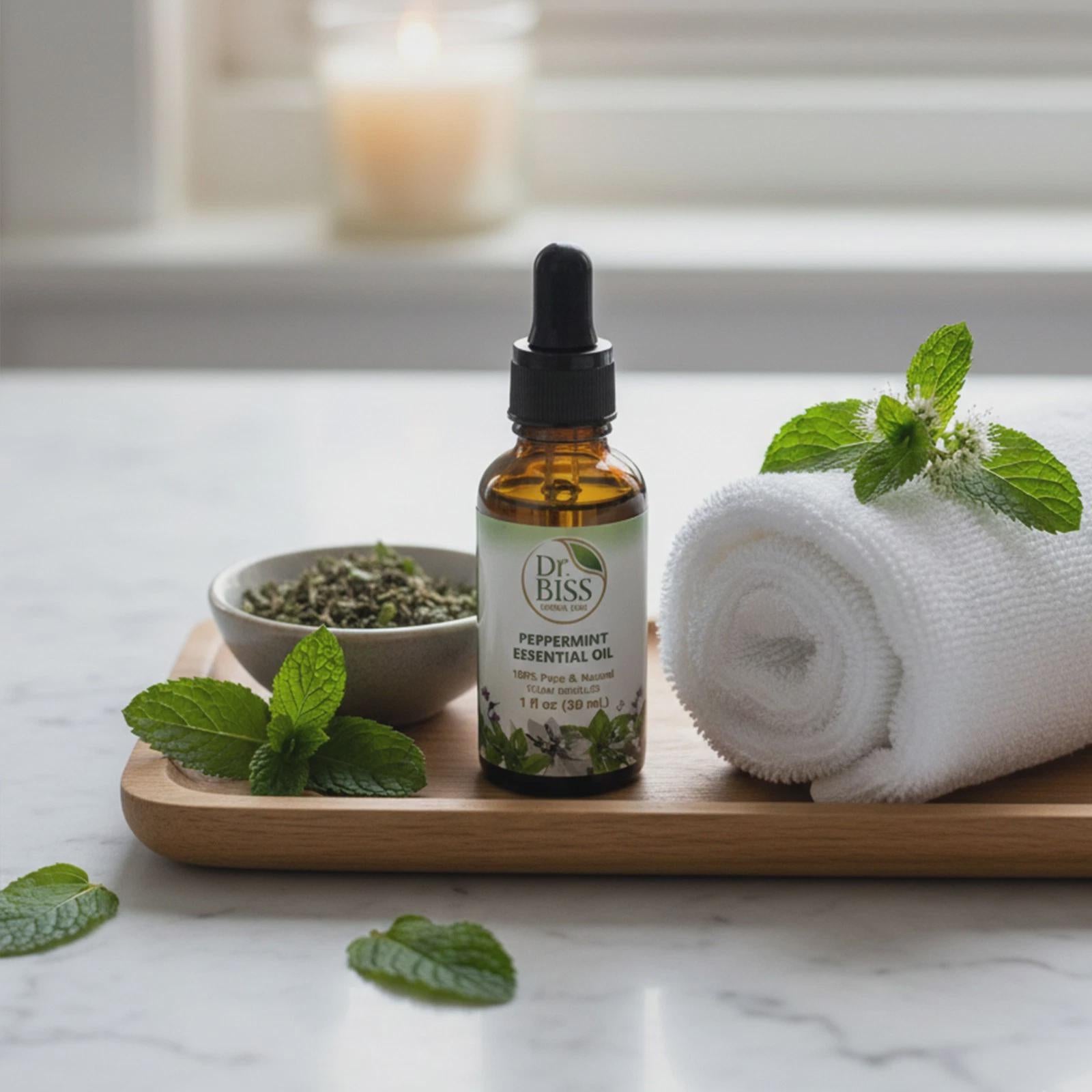 Dr. Biss peppermint liquid soap and essential oil with spa-style towel arrangement