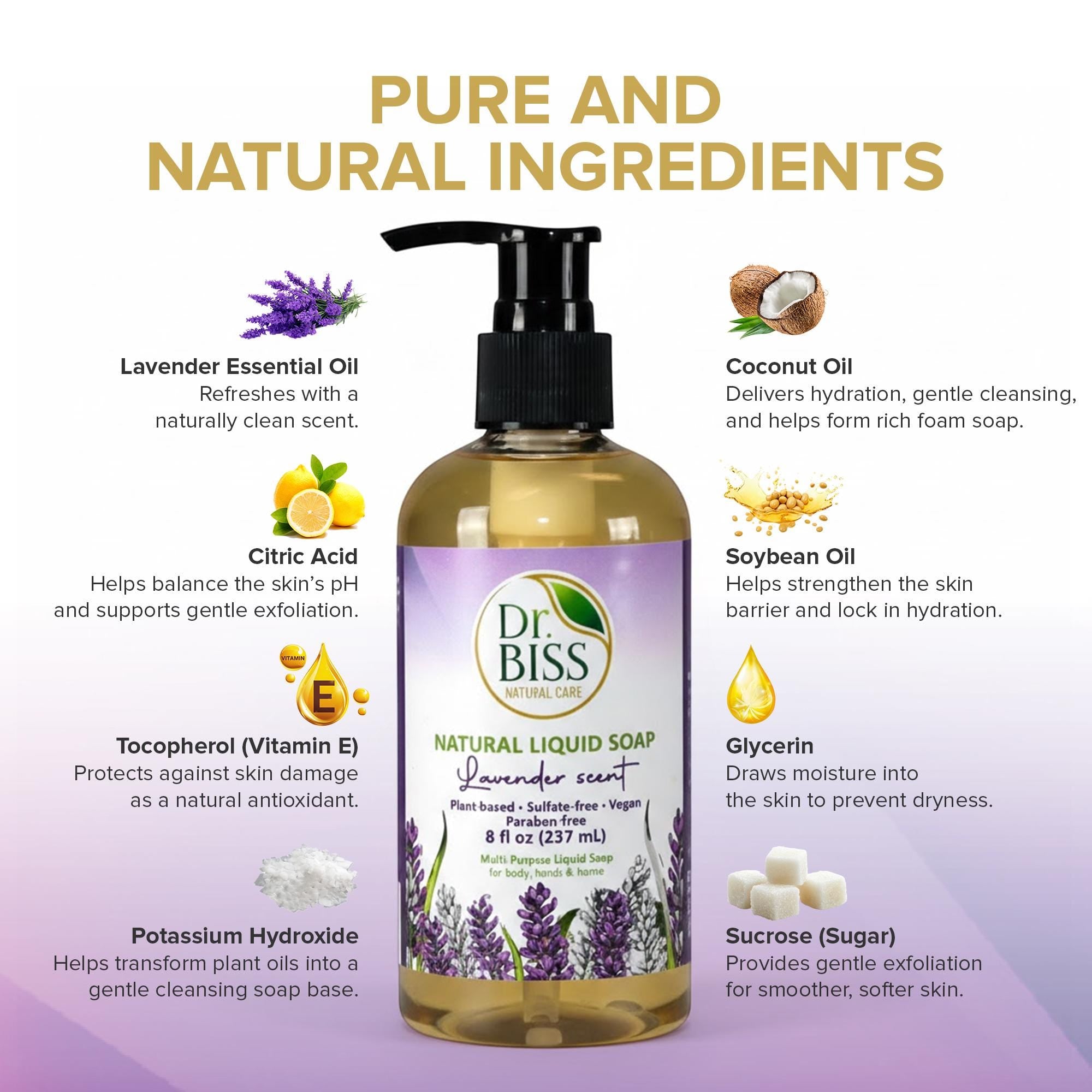 Pure and natural liquid soap with lavender extract and moisturizing formula