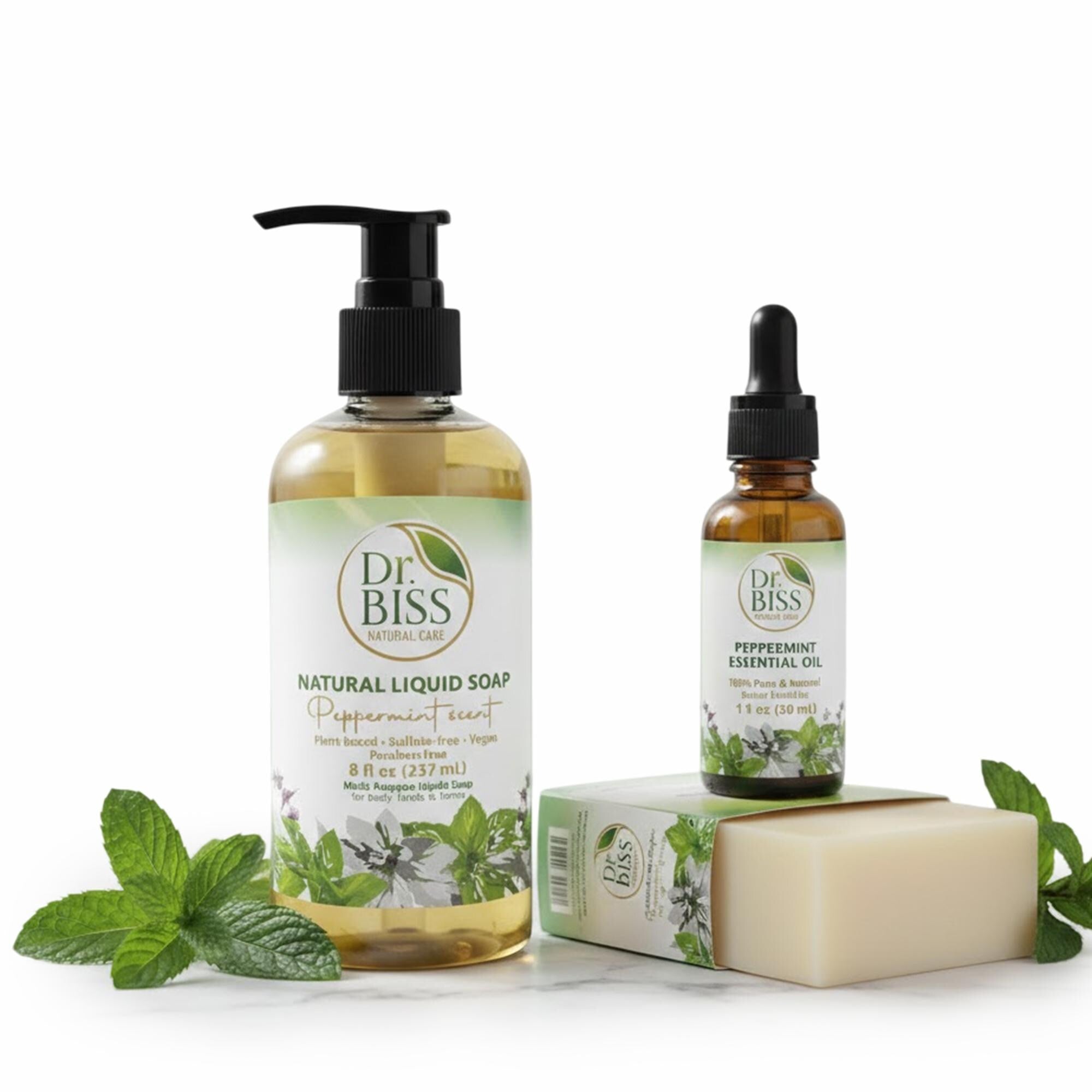 Peppermint soap, liquid soap, and essential oil bundle for body and hand care