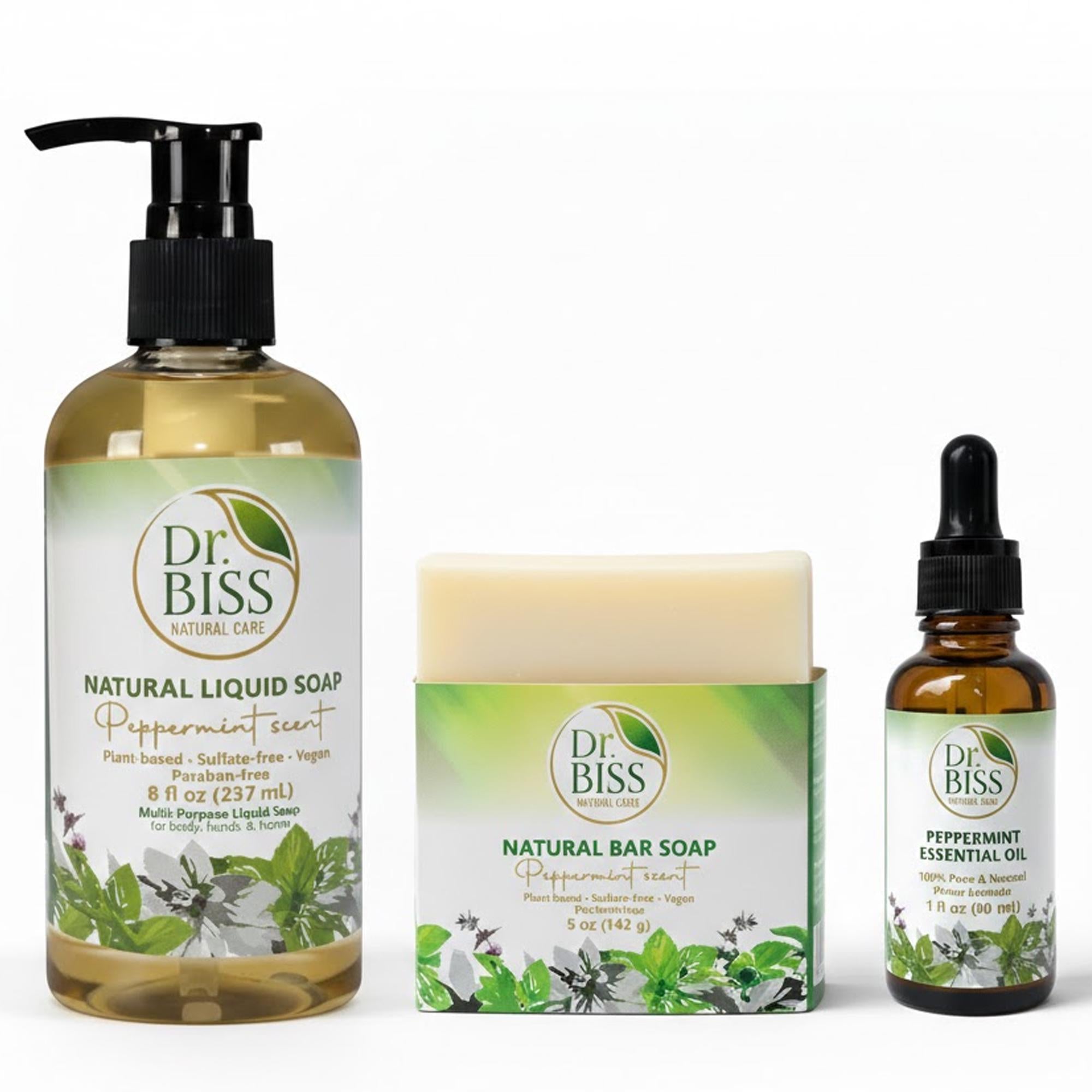 Complete Dr. Biss peppermint cleansing collection with natural soap and essential oil
