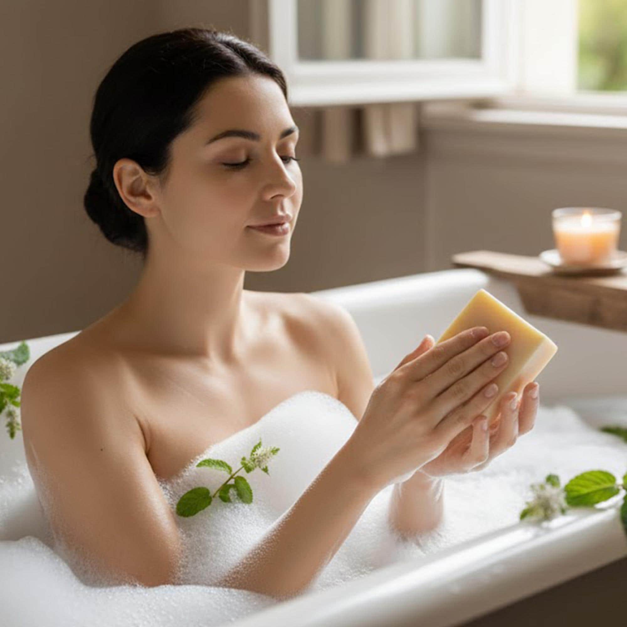 Woman using natural vegan bar soap for sensitive skin and soothing cleansing routine