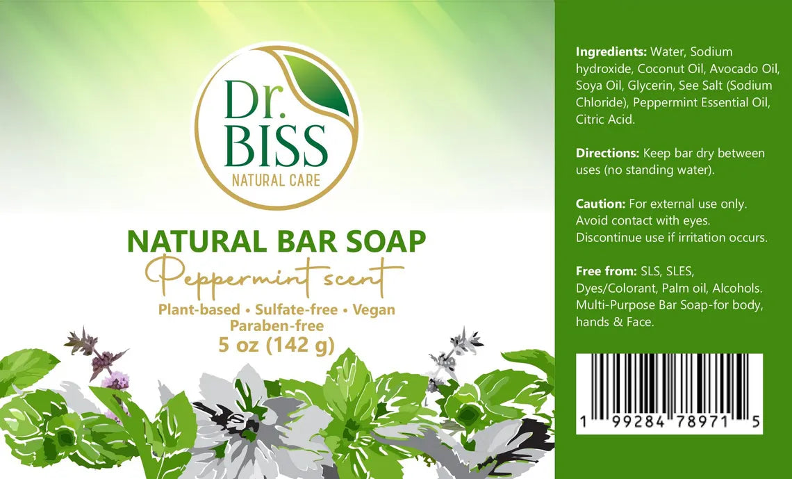 Back label of peppermint natural bar soap with ingredients and directions